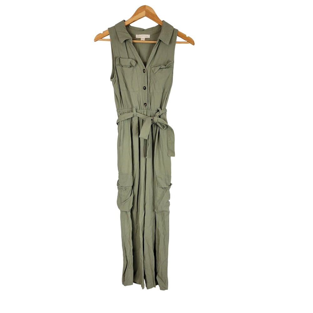 Monteau‎ Linen Rayon Cargo Jumpsuit Green Size Extra Small